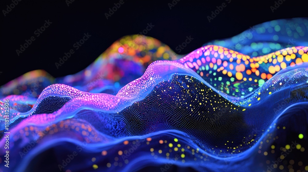 Aufkleber A mesmerizing digital abstract wave filled with colorful dots and lights creates an enchanting visual experience against a dark backdrop, showcasing modern art and techno