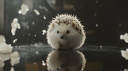 Fototapeta premium A small hedgehog is sitting on the table, its spines raised up, and it has white fur with black spots all over its body.
