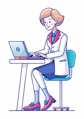 Fototapeta premium Minimalist Line Art Of Senior businesswoman in office attire typing on computer at modern workspace.