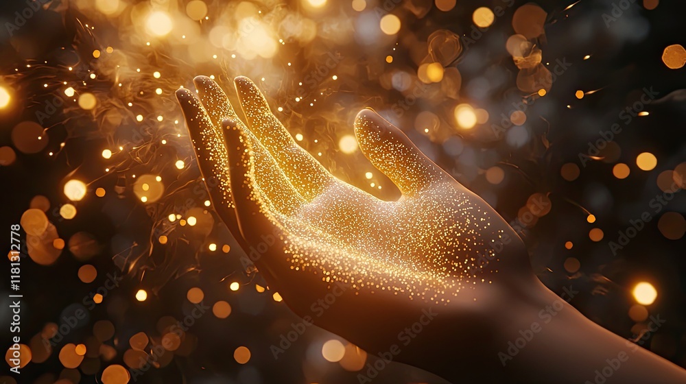 Aufkleber a hand reaches out towards a glowing light and swirling digital particles, representing the intersec