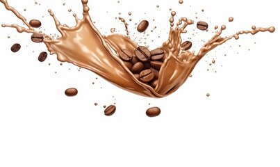 Fototapeta premium Dynamic Splash of Creamy Coffee with Coffee Beans Highlights Against a White Background for Stunning Visual Appeal and Culinary Inspiration