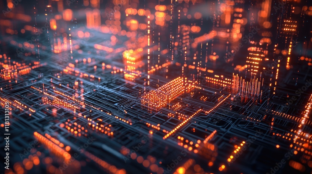 Poster experience a stunning futuristic cityscape featuring a vibrant digital matrix with streaming data li
