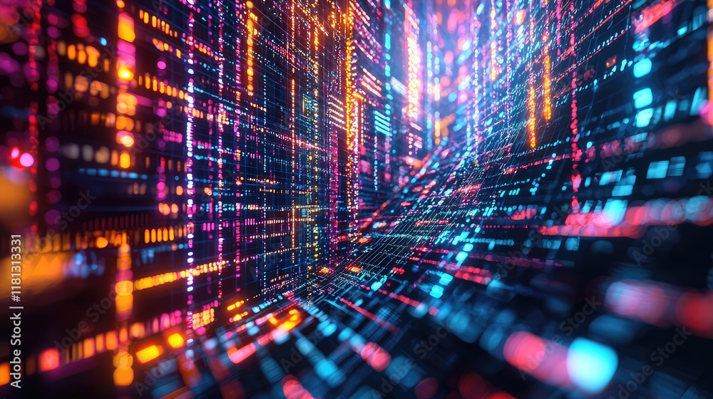 Aufkleber experience a stunning futuristic cityscape featuring a vibrant digital matrix with streaming data li