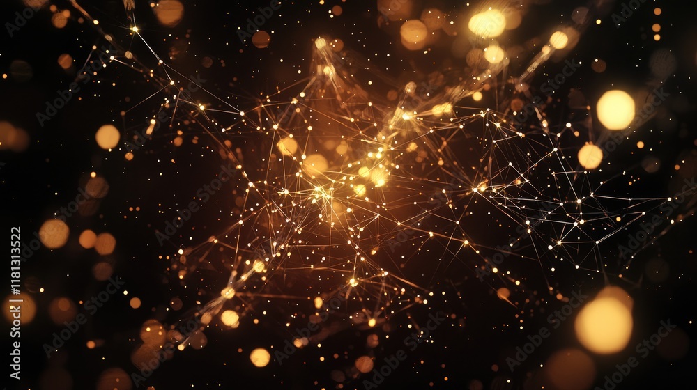Poster An abstract digital network visualization showcasing interconnected nodes and bright points against a dark background, symbolizing technology, data, and connectivity in m