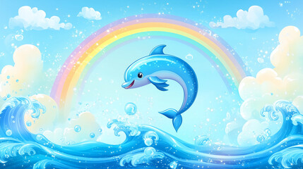 Obraz premium Playful Dolphin Leaping Ocean Waves Rainbow Sky Bubbles