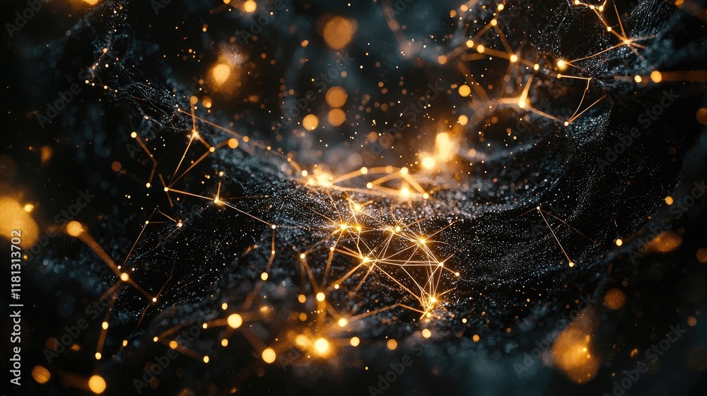 Poster An abstract digital network visualization showcasing interconnected nodes and bright points against a dark background, symbolizing technology, data, and connectivity in m