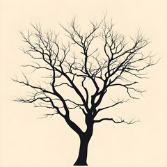 Obraz premium A silhouette of a tree with bare branches on a light beige background.