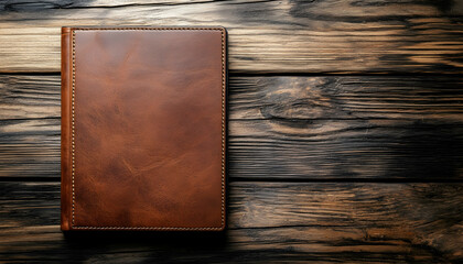 Elegant brown leather menu cover featuring a classic design with blank space for personalized branding or text on a rustic wooden background  -