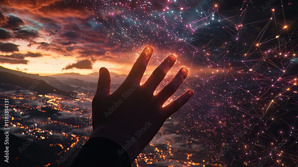 Poster A visionary representation of a hand reaching for glowing light amidst a digital landscape filled with data connections, symbolizing innovation and the future of technolo