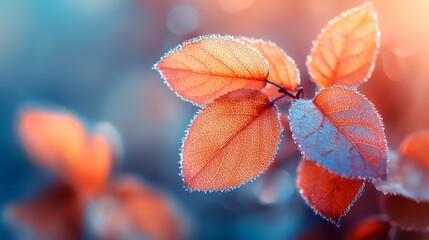Fototapeta premium Frosted Autumn Leaves Close up Nature Photography Vibrant Red and Orange Foliage Delicate Branch