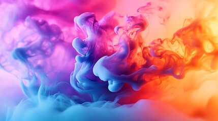 Multicolored ink and smoke in radiant neon hues, exploding into a dynamic swirl, with a soft pastel...