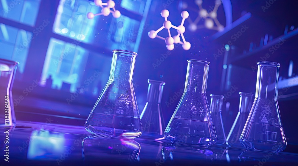 Poster a captivating laboratory scene featuring glass beakers and a molecular structure displayed on a blue