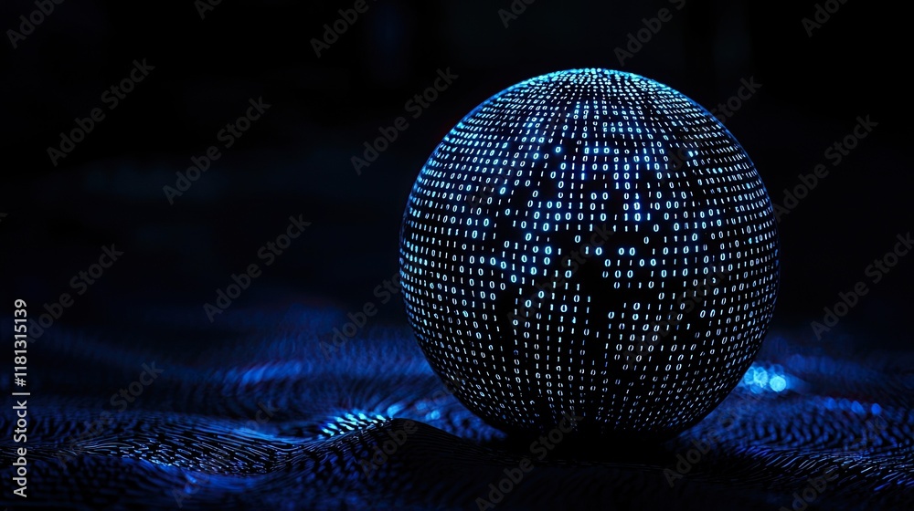 Poster A stunning digital representation of a globe with binary code patterns and blue lighting on a dark background, perfect for themes of technology, innovation, and data visu