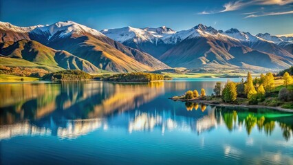 Fototapeta premium Wanaka Lake's breathtaking scenery: majestic mountains mirroring in crystal-clear waters.