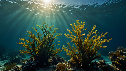 Obraz premium Exploring Underwater Nature Vibrant Fish Coral Reefs Seaweed and Starfish in the Ocean’s Depths