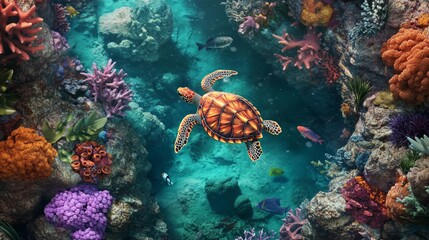 Naklejka premium Top-view of an underwater world featuring a sea turtle amidst coral and fish in the Red Sea, perfect for nature-themed 3D designs.
