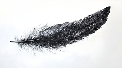 Fototapeta premium A single black feather drawn on a white canvas with intricate line details.