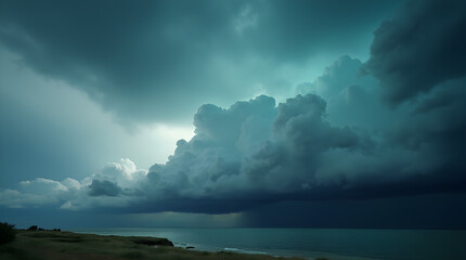 Obraz premium Bright sunlight breaks through dark clouds, a powerful contrast in the sky.