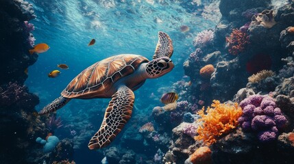 Fototapeta premium Top-view of an underwater world featuring a sea turtle amidst coral and fish in the Red Sea, perfect for nature-themed 3D designs.