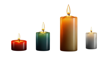 Four vibrant candles in varying heights of red, green, orange, and white, each flickering with a warm flame, perfect for creating a cozy atmosphere and enhancing decor