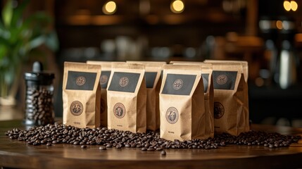 Small bags of single-origin coffee with their own labels are neatly arranged in a warm coffee shop atmosphere, with whole coffee beans scattered around.