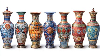 Ornate Watercolor Painting of Antique Vases: A Colorful Celebration of Cultural Heritage and Artistic Craftsmanship
