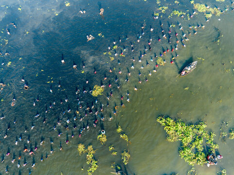 Aerial view of people engaged in traditional polo fishing on a river surrounded by lush greenery, Parbhanguria, Bangladesh.