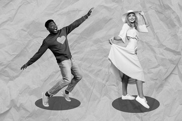 Obraz premium Creative collage template graphics image of funny funky guy lady having fun enjoying 14 february isolated drawing background