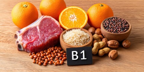 Healthy mix of Vitamin rich foods concept. Fresh ingredients including meat, oranges, nuts, and grains on wooden surface