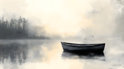 Fototapeta premium A sketchy background of a small boat floating on a calm lake under soft pencil strokes. 