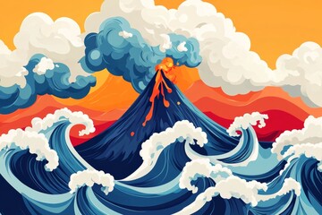 Image of a volcanic eruption with large waves