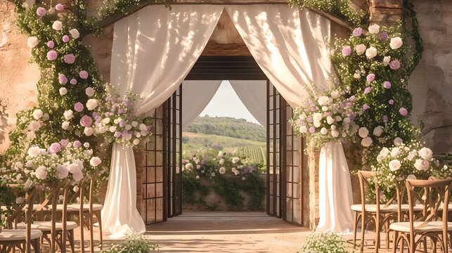 Outdoor wedding ceremony setup with white drapes, wooden chairs, and floral arrangements. Beautiful and romantic setting for a special event