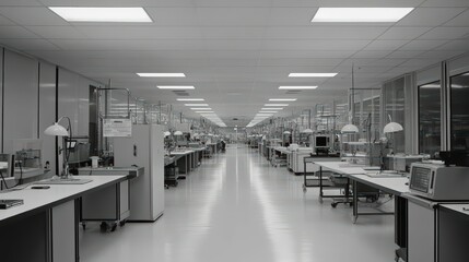 A modern laboratory interior with workstations and equipment.