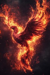 A fiery phoenix rising amidst flames, symbolizing rebirth and strength.