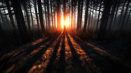 Fototapeta premium A blazing sun shining through tall grass, with shadows creating intricate patterns on the ground,