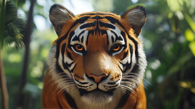 Wildlife tiger close-up with orange fur, black stripes, and fierce eyes in a tropical forest setting. A majestic hunter in its natural habitat.