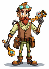 Steampunk engineer with mechanical arms holding a wrench and gadget.