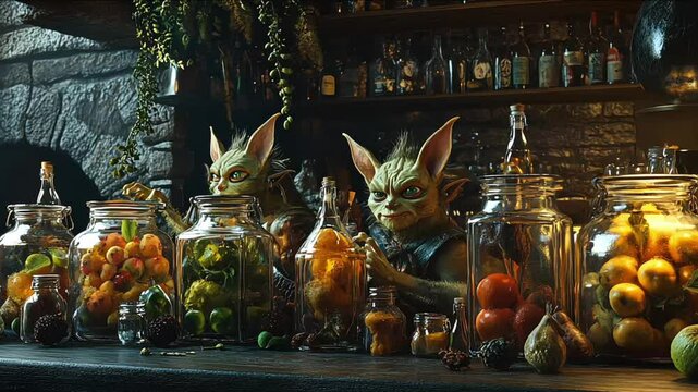 a goblin market, with various goblins trading magical items and potions