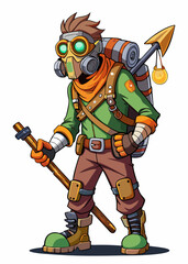 Obraz premium Survivor in gas mask armed with crude weapon, post-apocalyptic scavenger exploring desolate ruins, lone wanderer in dystopian future, vector illustration. 