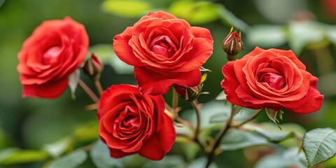 Vibrant Red Roses in Bloom Surrounded by Lush Green Foliage of a Garden Setting