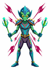 Powerful alien warrior with extra arms equipped with glowing energy swords. Sci-fi creature ready for combat, isolated character design. Futuristic vector illustration.

