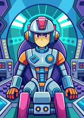 Obraz premium Futuristic mech pilot controlling a towering robot inside an advanced high-tech cockpit. Cybernetic warrior operating a giant mechanical exosuit in a sci-fi control room.