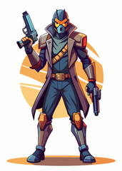 Fototapeta premium Futuristic hunter with pistols, wearing a high-tech armored suit. Isolated character vector illustration of a sci-fi warrior.