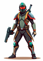 Fototapeta premium Futuristic hunter with pistols, wearing a high-tech armored suit. Isolated character vector illustration of a sci-fi warrior.