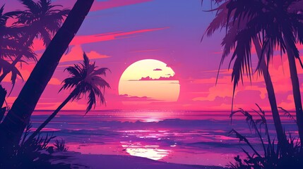 Palm trees framing a bright neon light scene by the beach, evoking the carefree vibe of tropical destinations