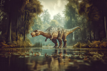 Gigantosaurus dinosaur walking in prehistoric forest, AI generated