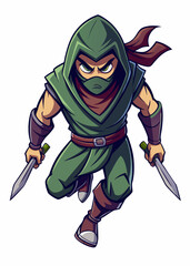 Skilled shadow warrior wielding twin daggers, sneaking with precision.