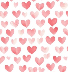 Watercolor pink hearts pattern on a white background, seamless and cute.