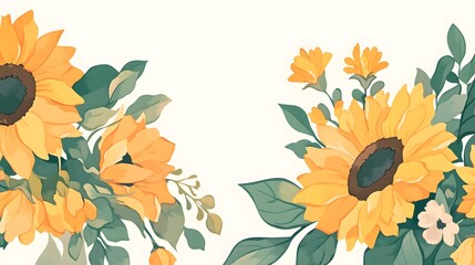 sunflower and green leafs snd floret watercolor background invitation template, Generative AI