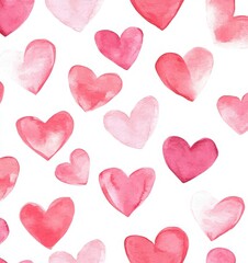 Fototapeta premium Watercolor pink hearts pattern on a white background, seamless and cute.